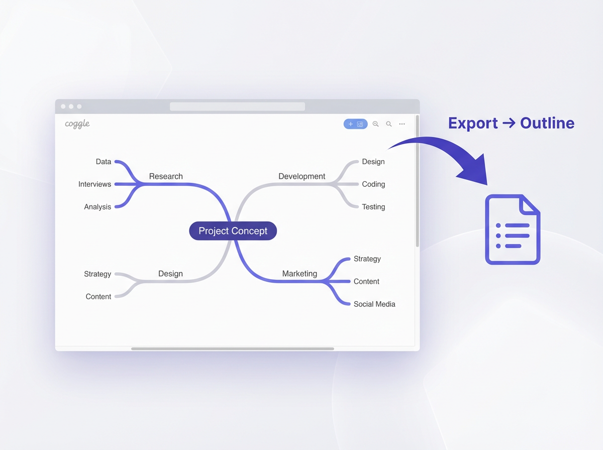 How to use mindmap feature of notebooklm (10 Use cases) mind map mockup with colored branches and Export → Outline arrow